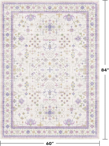 5x7 Light Purple Area Rug for Girls Bedroom, Living Room, Nursery, Non Slip Washable Area Rugs, Lavender and Cream with Green Accent, Low Pile Foldable Carpet