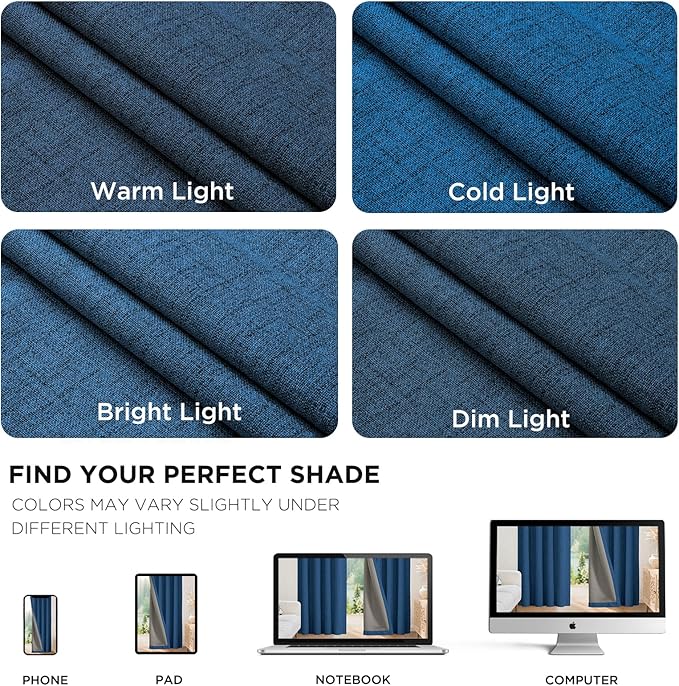 Joydeco Linen Blackout Curtains for Bedroom - 100% Light Blocking 1 Panels, Navy Blue Drapes 70" W x 108" L, Thermal Insulated Room Darkening Curtains for Living Room, Rod Pocket & Back Tabs