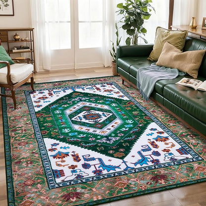 SERISSA 5x7 Boho Area Rug, Washable Non-Slip Rugs for Living Room, Large Green White Rug Ultra Soft Vintage Oriental Print Distressed Carpet for Bedroom Dining Room Dorm Office Home Decor