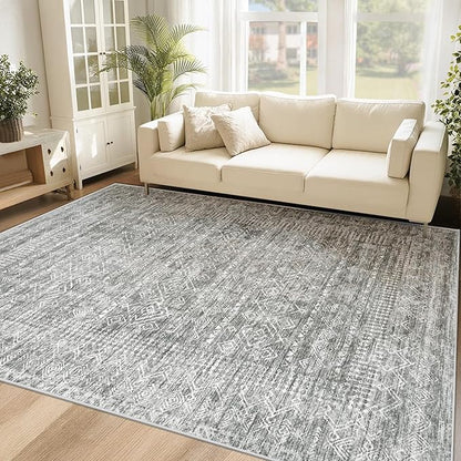 Washable Area Rug 5x7: Moroccan Rug for Living Room Geometric Boho Rug Farmhouse Non Slip Stain Resistant Rugs Low Pile Soft Carpet for Bedroom Dining Room Home Office Children Room (Grey,5'x7')