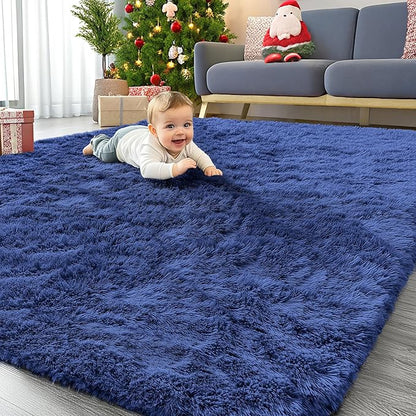 OLANLY 5x6 Area Rugs for Living Room Bedroom, Machine Washable Soft Fluffy Shaggy Bedside Rug, Indoor Floor Carpet for Kids Girls and Boys, Dorms, Nursery Rooms, Home Decor Aesthetic, Navy Blue