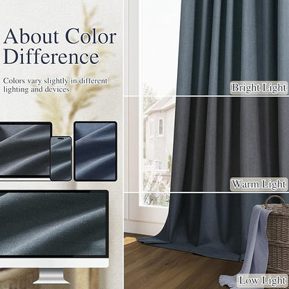 Guken Vintage Blue 100% Blackout Linen Curtains 72 Inch Length 2 Panels Set for Living Room Bedroom Back Tab/Rod Pocket Thermal Insulated Black Out Drapes Room Darkening Window Curtains