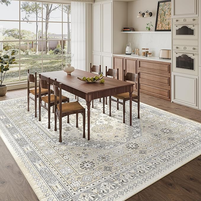 zesthome 8x10 Area Rugs for Living Room,Non-Slip Backing Washable Rugs,Vintage Large Area Rug，Stain Resistant Home Decor Rug (Beige,8'x10')