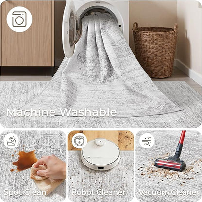2x12 Runner Rug, Long Hallway Rugs for Dining Room, Living Room, Bedroom, Machine Washable Kitchen Carpet Runner with Rubber Backing, Soft Low Pile Indoor Rug(2'x12', Light Grey/White)