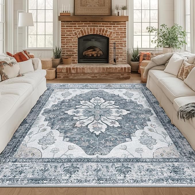 Area Rugs Square 8ft Washable Non-Slip, Floral Vintage Distress Print Pattern Medallion Carpet for Living Room Bedroom Dining Room, Light Gray Grey White