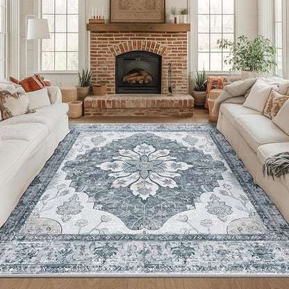 Area Rugs Square 8ft Washable Non-Slip, Floral Vintage Distress Print Pattern Medallion Carpet for Living Room Bedroom Dining Room, Light Gray Grey White