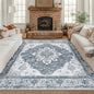 Area Rugs Square 8ft Washable Non-Slip, Floral Vintage Distress Print Pattern Medallion Carpet for Living Room Bedroom Dining Room, Light Gray Grey White