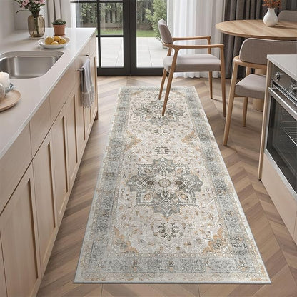 Madane Washable Runner Rug - 2x6 Rug Runners for Hallways 6 Foot Non Slip Vintage Kitchen Runner Rug Ultra-Thin Bathroom Runner Rugs Carpet Laundry Room Bedroom (2x6ft, Light Taupe Brown)