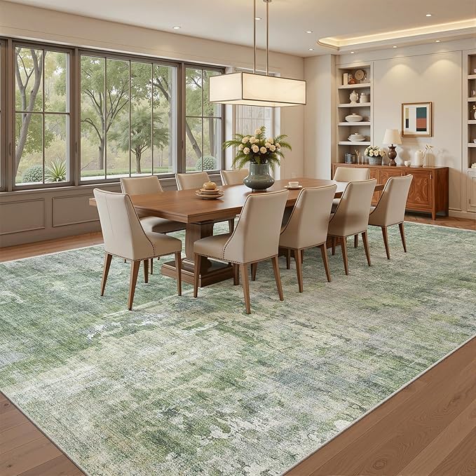 Washable Area Rug 8x12, Large Soft Rugs for Living Room Vintage Green/Ivory Carpet 8x12 Area Rugs for Bedroom Dining Room Non-Slip Stain Resistant Under Table Rug