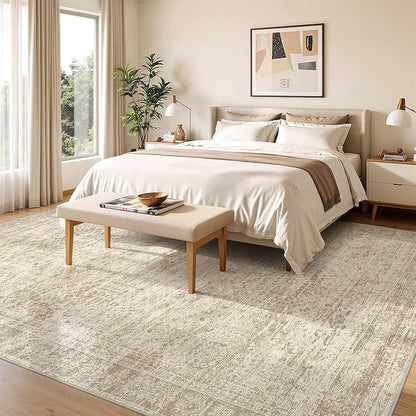 8x10 Area Rugs for Living Room, Non-Slip Backing Large Washable Rug for Nursery Room, Vintage Abstract Bedroom Rugs, Thin Indoor Home Decor Soft Farmhouse Rug (8'x10', Beige/Ivory)