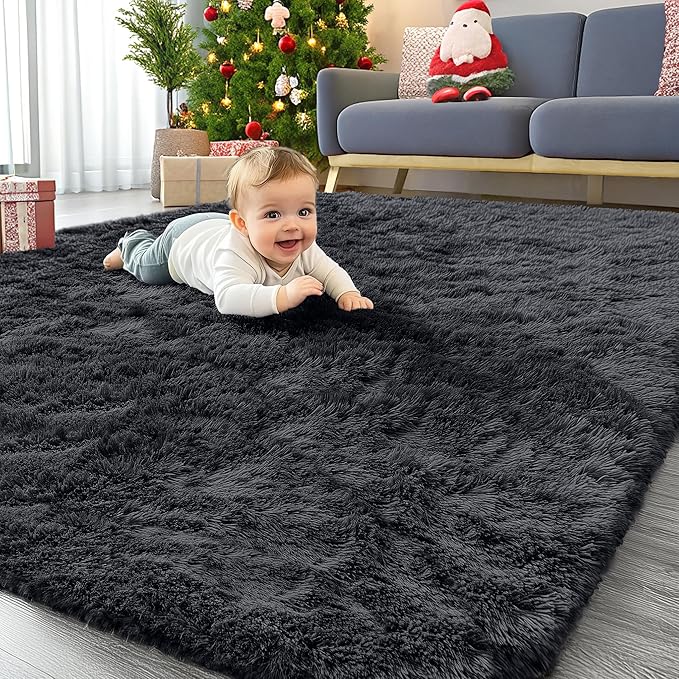 OLANLY 4x8 Area Rugs for Living Room Bedroom, Machine Washable Soft Fluffy Shaggy Bedside Rug, Indoor Floor Carpet for Kids Girls and Boys, Dorms, Nursery Rooms, Home Decor Aesthetic, Black