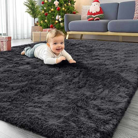 OLANLY 4x10 Area Rugs for Living Room Bedroom, Machine Washable Soft Fluffy Shaggy Bedside Rug, Indoor Floor Carpet for Kids Girls and Boys, Dorms, Nursery Rooms, Home Decor Aesthetic, Black
