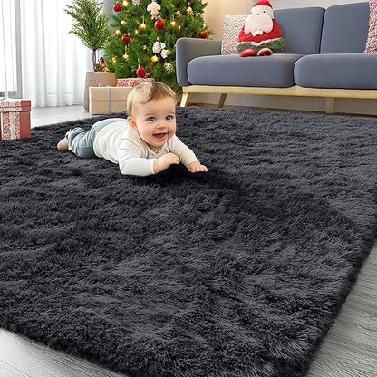 OLANLY 4x9 Area Rugs for Living Room Bedroom, Machine Washable Soft Fluffy Shaggy Bedside Rug, Indoor Floor Carpet for Kids Girls and Boys, Dorms, Nursery Rooms, Home Decor Aesthetic, Black