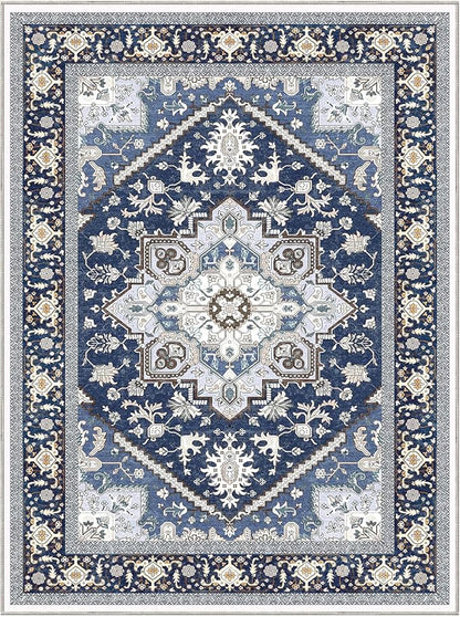 OPPODREAM Soft Area Rugs 9x12 Living Room, Washable Rugs 9x12 with Non Slip Backing, Faux Cashmere Low-Pile 9 x 12 Carpet, Navy Blue & Gold