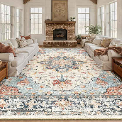 Area Rugs 10'x14' Washable Non-Slip, Floral Vintage Distress Print Pattern Medallion Carpet for Living Room Bedroom Dining Room, Beige Navy Blue Orange Colorful