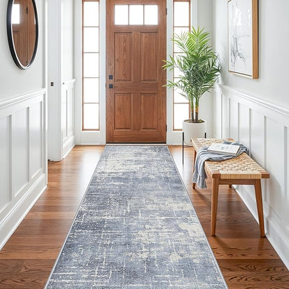 Abstract 3x10 Kitchen Rug Runners: Washable 10ft Hardwood Floor Mat Bathroom Living Room Bedroom Beside Mat Non-Slip Hallway Entry Area Rug Soft Indoor Farmhouse Carpet for Families(3x10,Blue/Ivory)