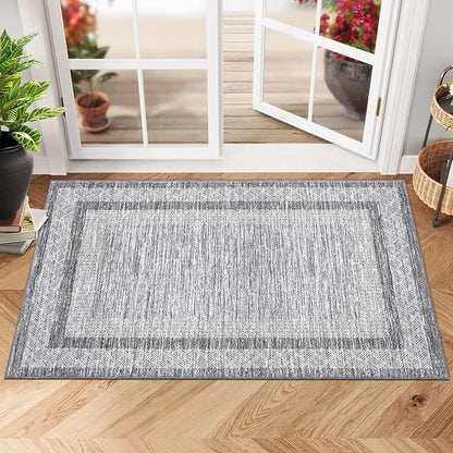GarveeHome Modern Geometric Area Rug 2x3 Distressed Bordered Washable Non Slip Floor Small Carpet Non Shedding Thin Soft Low Pile Rug, Contemporary Gray Rug for Dining Room, Living Room