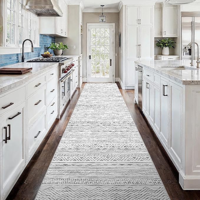 3x18 Washable Kitchen Runner Rug: Modern Moroccan Runners for Hallway Soft Non Slip Rugs with Rubber Backing Low Pile Thin Waterproof Floor Carpet for Entryway Bedroom Bathroom Indoor 3x18 Grey