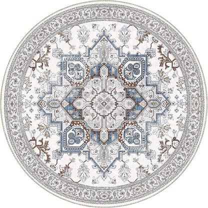 OPPODREAM Soft Round Rug 4ft, Neutral Washable Circle Rug 4ft with Non Slip Backing Play Room, Low-Pile Carpet 4 ft, Small Faux Cashmere Throw Carpet, Cream White & Blue & Light Brown