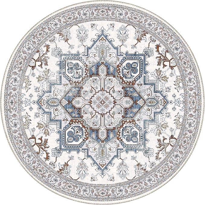 OPPODREAM Soft Round Rug 3ft, Neutral Washable Circle Rug 3ft with Non Slip Backing Play Room, Low-Pile Carpet 3 ft, Small Faux Cashmere Throw Carpet, Cream White & Blue & Light Brown