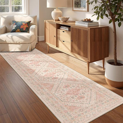 Runner Rug 2x8 Runners for Hallways Non Slip Washable, Vintage Hallway Runner Rugs for Living Room, Low Pile Soft Hallway Rug for Kitchen Bedroom Laundry Room Rug(Pink,2'x8')