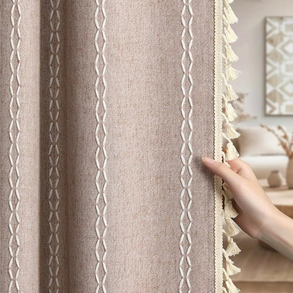 Taupe Boho Blackout Curtains 2 Panels 84 Inch for Living Room Bedroom, Blush Beige Warm Linen Texture Farmhouse Curtains with Tassels and White Cotton Embroidery Vintage Rustic Country Western