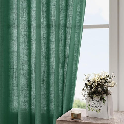 Nanspring Dark Green Linen Curtains 96 Inches Long 2 Panels Set for Living Room Rod Pocket Back Tab Semi Sheer Light Filtering Protect Privacy Emerald Green Curtain for Bedroom Floor Length 52x96