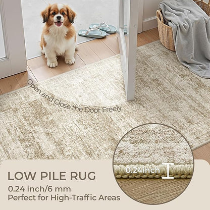 Washable Runner Rug 2.5x12, Non-Slip Long Bathroom Rugs Runner for Kitchen, Living Room, Bedroom, Soft Vintage Washable Rug for Entryway, Thin Floor Mat for Dining Room(2.5'x12', Brown/Ivory)