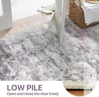 Area Rugs 8x10 for Living Room Bedroom, Modern Abstract Machine Washable Rug, Large Soft Low Pile Floor Carpet with Non Slip Backing for Dining Room, Grey/Purple