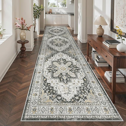 Madane Hallway Rug 3x10, Kitchen Rugs Washable Entryway Rug Vintage Kitchen Runners Non Slip Indoor Area Rug Farmhouse Carpet Runner for Bathroom Living Room Bedroom, Black
