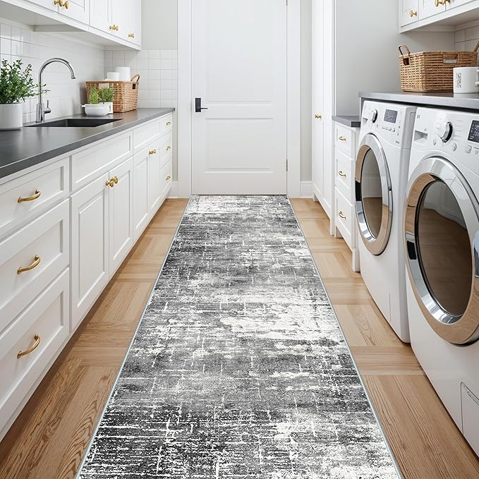 Washable 12ft Kitchen Area Rug: Abstract Entryway Rug Runner Soft Bedroom Besides Floor Mat Non-Slip Indoor Carpet for Bathroom Living Room Stain Resistant Runner for Family(2'6x12,Black/Grey)