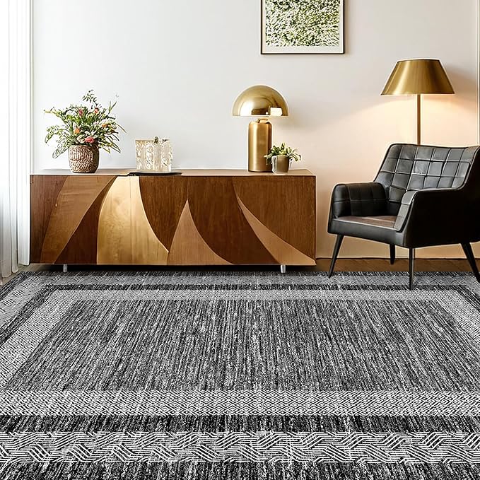 GarveeHome Modern Geometric Rug 4x6 Washable Rug for Living Room, Soft Non Shedding Indoor Carpet with Non Slip TPR Backing, Low Pile Thin Foldable Printed Floor Mats for Dining Room, Black