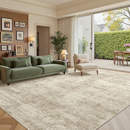 Madane 9x12 Area Rugs for Living Room, Soft Vintage Beige Area Rug with Non Slip Backing, Washable Non-Shedding Low Pile Large Print Floor Carpet for Home Office Decor