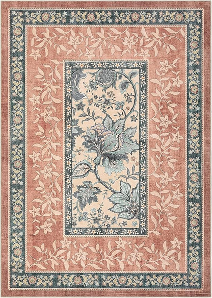 GarveeHome Terracotta Teal Area Rugs 9x12 Living Room, Botanical Grove Cottage core Washable Non-Slip Rug for Bedroom Dining Nursery Low-Pile Vintage Large Soft Carpet