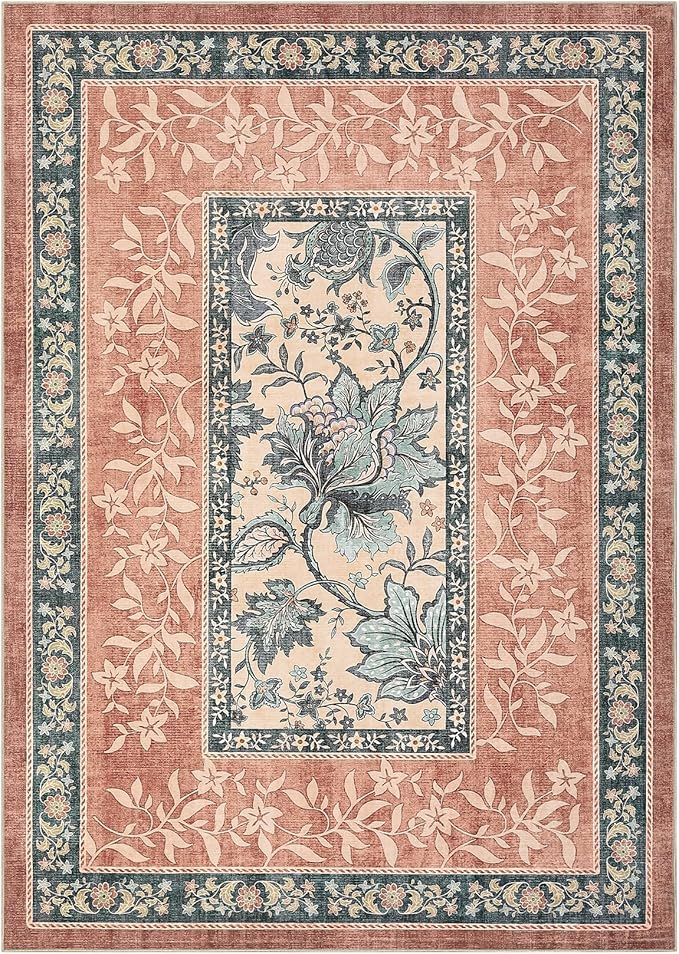 GarveeHome Terracotta Teal Washable 6x9 Area Rugs, Botanical Grove Vintage Cottagecore Non-Slip Rug for Living Room Bedroom Nursery Kitchen Low-Pile Retro Large Carpet