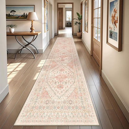 Runner Rug 2x10, Ultra-Thin Kitchen Rugs Non Slip Washable Rugs for Entryway Rug, Kitchen Runner Low Pile Vintage Soft Carpets for Living Room, Bathroom Bedroom (Pink,2'x10')