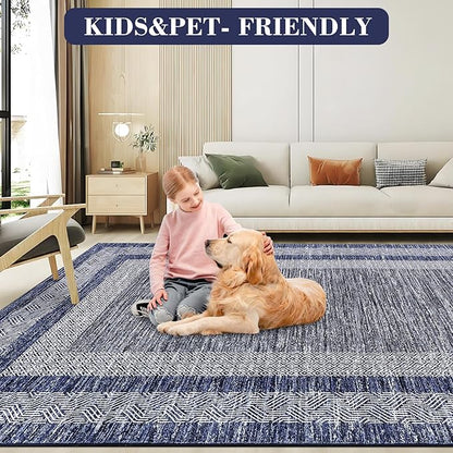 GarveeHome Modern Geometric Area Rug 5x7 Distressed Bordered Rug Washable Non Slip Floor Carpet Non Shedding Thin Rug, Soft Low Pile Rug, Contemporary Blue Rug for Dining Room, Living Room