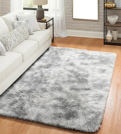 ONASAR Area Rugs for Bedroom Living Room, 4x6 Tie-Dyed Light Grey Fluffy Shaggy Bedside Throw Rug, Indoor Soft Plush Floor Carpet for Nursery Kids Girls Boys Teen Dorm Home Office Decor Aesthetic