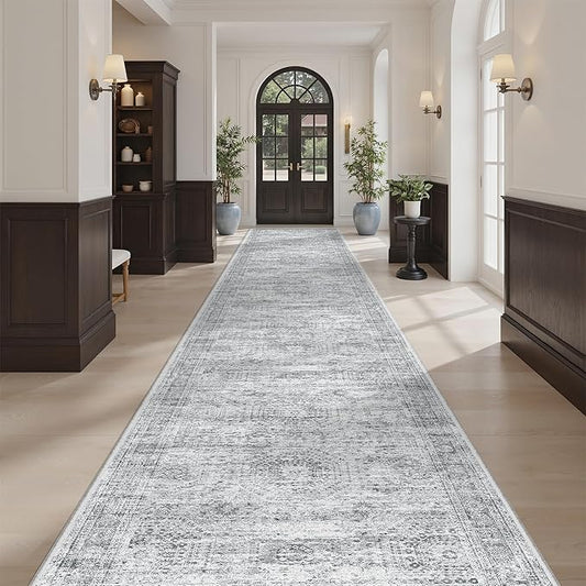 Hallway Runner Rug 3x16 - Vintage Non Slip Washable 16ft Kitchen Runner for Entrance Soft Long Carpet Runners for Living Room Bedroom Dining Room, Grey