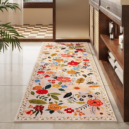 Rugcomf Runner Rug for Hallways Kitchen Rug Non Slip 2'6''x8' Washable Rugs with Rubber Backing Soft Floral Carpet Runner for Hallways, Kitchen, Laundry, Bedroom, Bathroom(Beige)