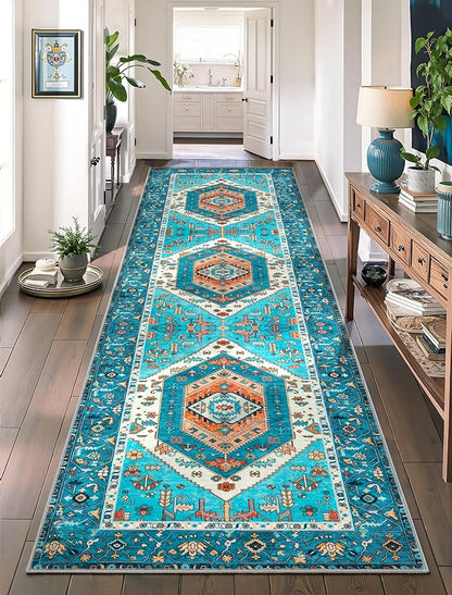 SERISSA Boho Washable Runner Rug, 2'6"x8' Rug Runner Non-Slip Vintage Blue Hallway Kitchen Runner Rug Ultra Soft Print Distressed Tribal Floor Carpet Runner for Bedroom Bathroom Laundry Room