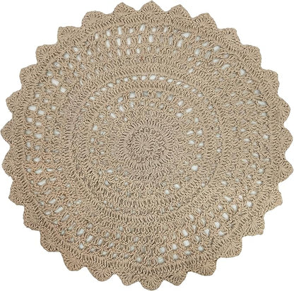 Hausattire Hand Woven Jute Crochet Rug, 3’ Round – Natural, Anti-Slip Accent Boho Entry Area Rugs for Kitchen, Living Room I Farmhouse Decorative Floor Rug, 3 Feet Round