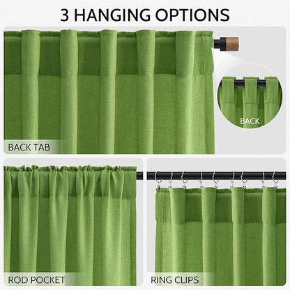 Lime Green Linen Curtains 90 Inch Long 2 Panels Set for Bedroom Living Room, Soft Linen Textured Window Drapes Semi Sheer Light Filtering Rod Pocket Back Tab Morden Style 52x90