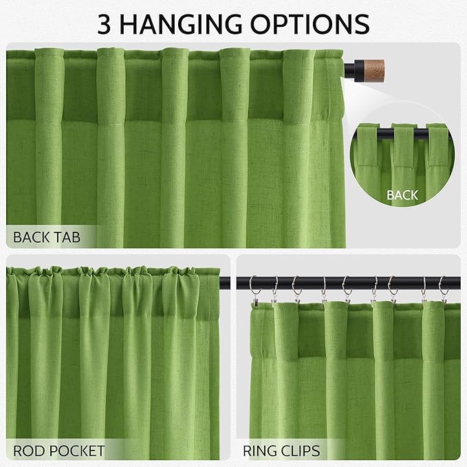 Nanspring Lime Green Linen Blend Light Filtering Back Tab Curtains 102 Inches Long, Semi Sheer Privacy Drapes for Living Room & Bedroom, 52x102 inch, 2 Panels