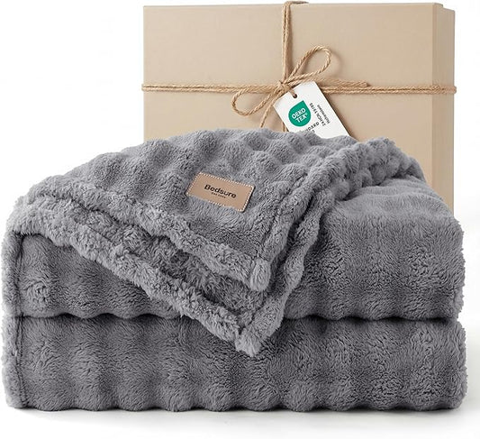 Bedsure 3D Fleece Bubble Blanket - GentleSoft Grey Queen Blanket for Bed Sofa Room Decor - Luxury Soft Cozy Gifts for Kids, Lightweight, All Seasons, Grey, 90"×90"