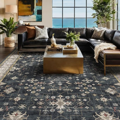 Boho Black Rug for Living Room - Washable 10x12 Area Rug, Dining Room Rugs for Under Table, Soft Low Pile Carpet for Bedroom - Farmhouse Decor, Non-Slip & Stain Resistance