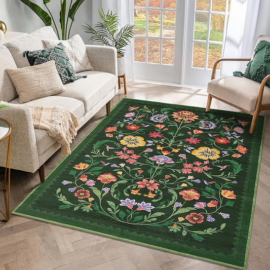 GarveeHome Washable Rug 3x5 Area Rugs for Living Room, Floral Rug for Bedroom, Soft Boho Non Slip Throw Rugs with Rubber Back, Low Pile Stain Resistant Vintage Floral Carpet for Dining Room, Green