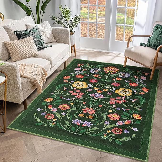 GarveeHome Washable Rug 4x6 Area Rugs for Living Room, Floral Rug for Bedroom, Soft Boho Non Slip Throw Rugs with Rubber Back, Low Pile Stain Resistant Vintage Floral Carpet for Dining Room, Green