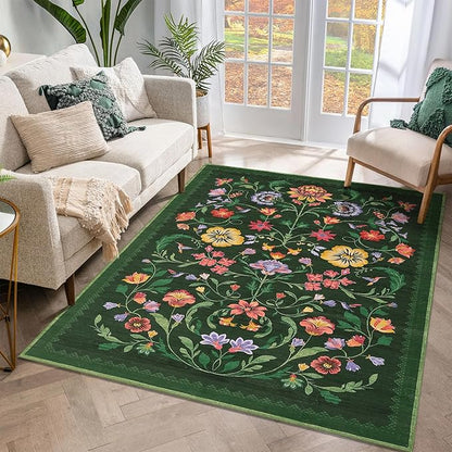 GarveeHome Washable Rug 4x6 Area Rugs for Living Room, Floral Rug for Bedroom, Soft Boho Non Slip Throw Rugs with Rubber Back, Low Pile Stain Resistant Vintage Floral Carpet for Dining Room, Green