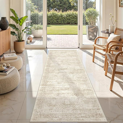 Rug Runners for Hallways Non Slip - 2x8 Runner Rug for Bedroom, Washable Runner with Rubber Backing, Soft Low-Pile Carpet for Kitchen, Laundry, Bathroom (2'x8', Beige/Ivory)